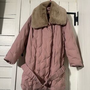 Dennis Basso Pink Puffer Coat with Faux Fur Collar